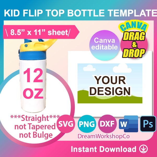 12oz flip Top Kids Water Bottle Template, Flip top tumbler Template, Straight Tumbler, Sublimation, Canva, Ms word, PSD, PNG, SVG, Dxf