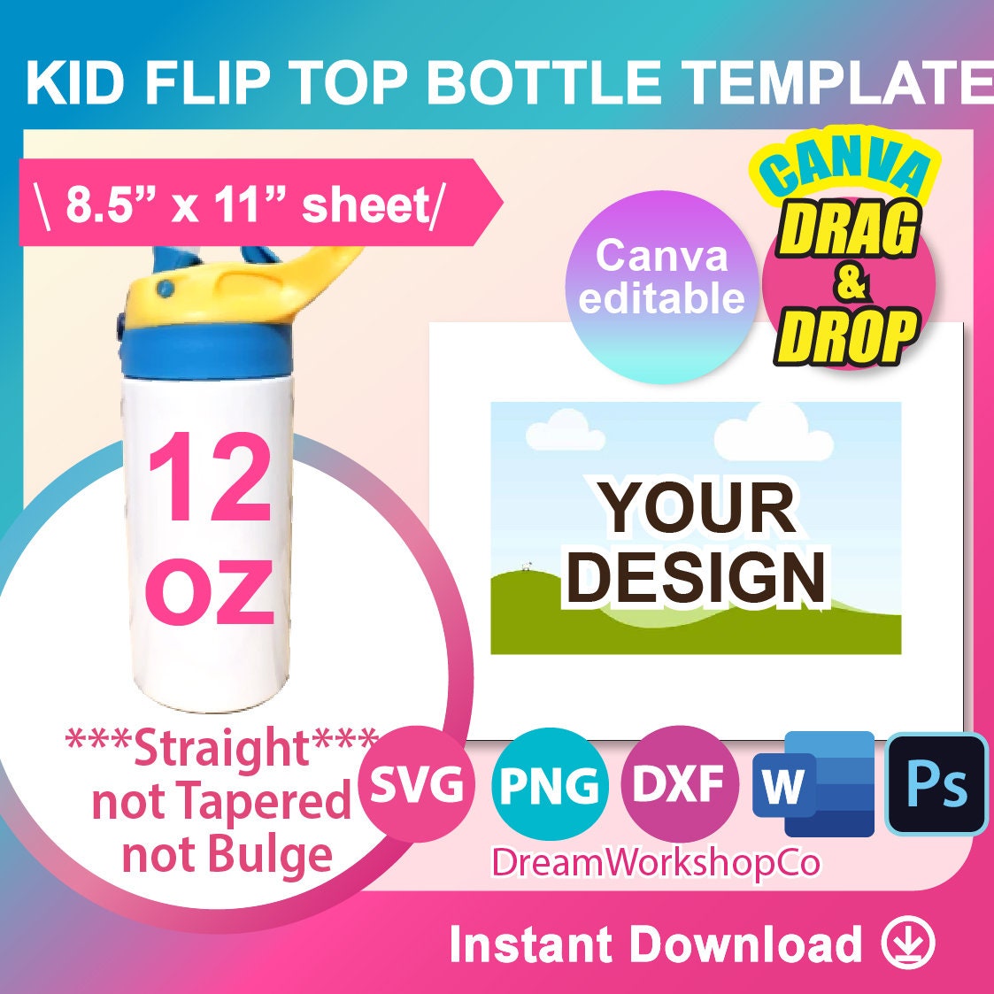 12 Oz Flip Top Kids Water Bottle Tapered Graphic by bambina33334