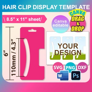 Modelo de cartão de exibição de grampo de garra de cabelo, modelo de suporte de grampo de garra de cabelo, Canva, SVG, DXF, Ms Word Docx, Png, Psd, folha de 8,5" x 11"
