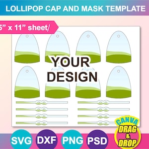 Lollipop Cap and Mask Template, Canva, SVG, DXF, Ms Word Docx, Png, Psd, 8.5"x11" sheet, Printable