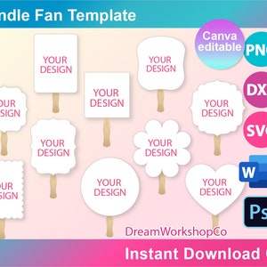 Puede incluir: Un conjunto de diez plantillas de abanico imprimibles con diferentes formas y tamaños. Las plantillas son blancas con el texto "YOUR DESIGN" en rosa. La imagen también incluye iconos para diferentes formatos de archivo, incluyendo PNG, DXF, SVG, W y PS.