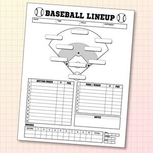 Può includere: Un foglio di carta bianco per la formazione di baseball con il testo BASEBALL LINEUP, un diagramma del campo da baseball con caselle vuote, una tabella dell'ordine di battuta, una tabella delle riserve, un segnapunti e una sezione note.