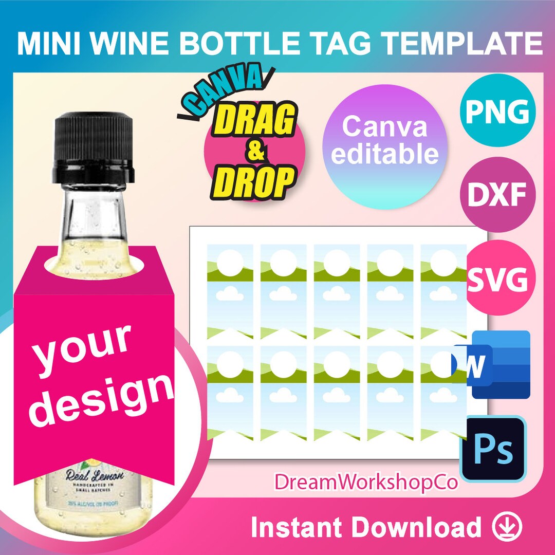 1.7oz, 50ml Mini Wine Bottle Tags Template, Wine Gift Tag Template SVG