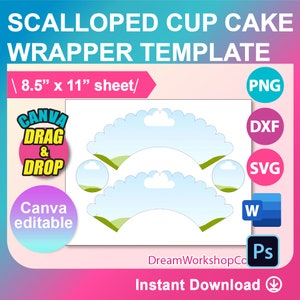 Scalloped Cup Cake Wrapper Template, SVG, DXF, Canva, Ms Word Docx, Png, Psd, 8.5&quot;x11&quot; sheet, Printable