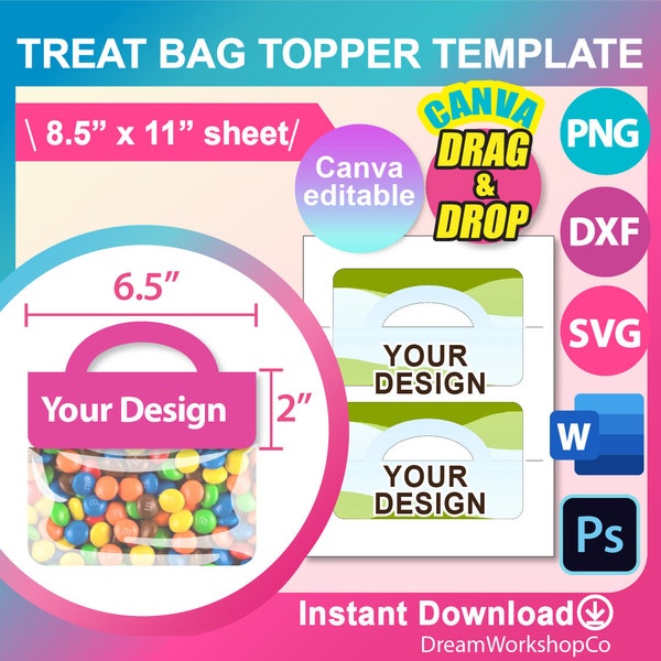 Treat Bag Topper with Handle Template, SVG, DXF, Ms word Docx, Canva, Png, PSD, 8.5"x11" sheet, Printable