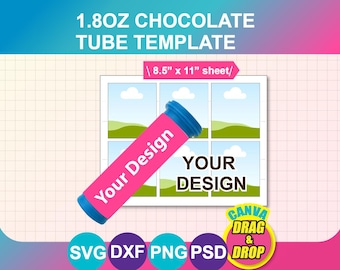 Mall för mini-chokladtubsförpackning, mall för etikett för mini-chokladtub, SVG, Canva, DXF, Ms Word Docx, Png, Psd, 8,5"x11" ark, utskrivbar