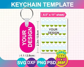 May include: A pink keychain template with the text "YOUR DESIGN" and a metal ring. The template includes a sheet of 20 small designs, each 2.3 inches (5.8cm) tall, and the keychain is 1.1 inches (2.8cm) wide. The text "KEYCHAIN TEMPLATE" is at the top.