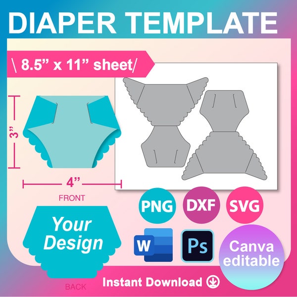 Diaper Card Template, SVG, DXF, Canva, Ms Word Docx, Png, Psd, 8.5"x11" sheet, Printable