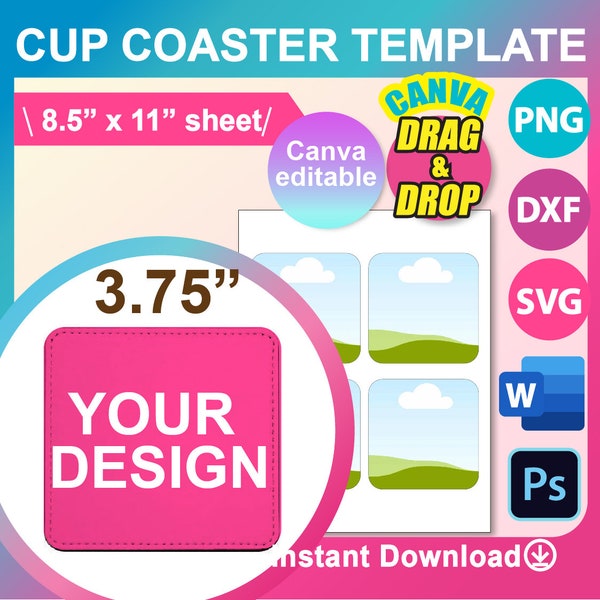 Round Corner Square Cup Coaster Template, Canva, SVG, DXF, Ms Word Docx, Png, Psd, 8.5"x11" sheet, Printable