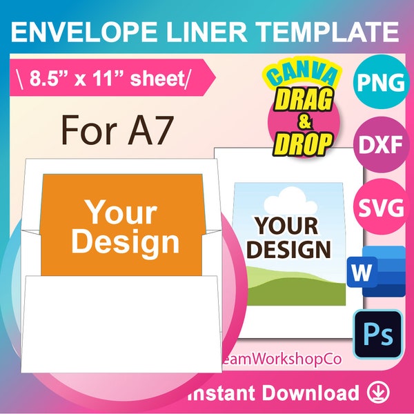 A7 Envelope Liner Template, Ms word, PSD, PNG, Canva, SVG, Dxf, 8.5x11 sheet, Printable, Instant Download