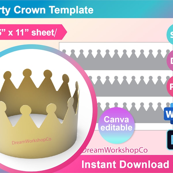 Kings Crown Party hat Template, SVG, DXF, Ms Word Docx, Png, Psd, 8.5"x11" sheet, Printable