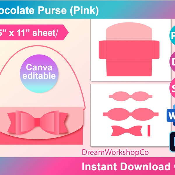 1.55oz Chocolate Bar Purse with Bow ( Pink ), Canva, SVG, DXF, Ms Word Docx, Png, PSD, 8.5"x11" sheet, Printable