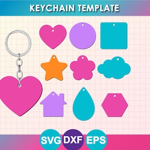 May include: A digital keychain template featuring the text KEYCHAIN TEMPLATE at the top and SVG DXF EPS at the bottom. It displays a silver metal keyring attached to a pink heart, alongside various shapes including a star, flower, cloud, house, and hexagon.