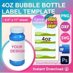 4oz Bubble Bottle label Template, Sublimation Template, Canva, SVG, DXF, Ms word Docx, Png, PSD, 8.5&quot;x11&quot; sheet, Printable