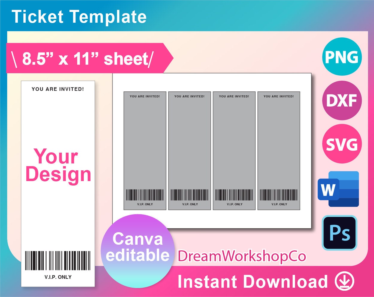 Invitation Ticket Template Ms Word Canva PSD PNG SVG - Etsy