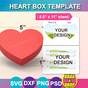 Heart Box template, Box with Lid template, Wedding Favor Box, Gift Box Template, PSD, PNG, SVG, Dxf, 8.5 x 11 sheet, Instant download