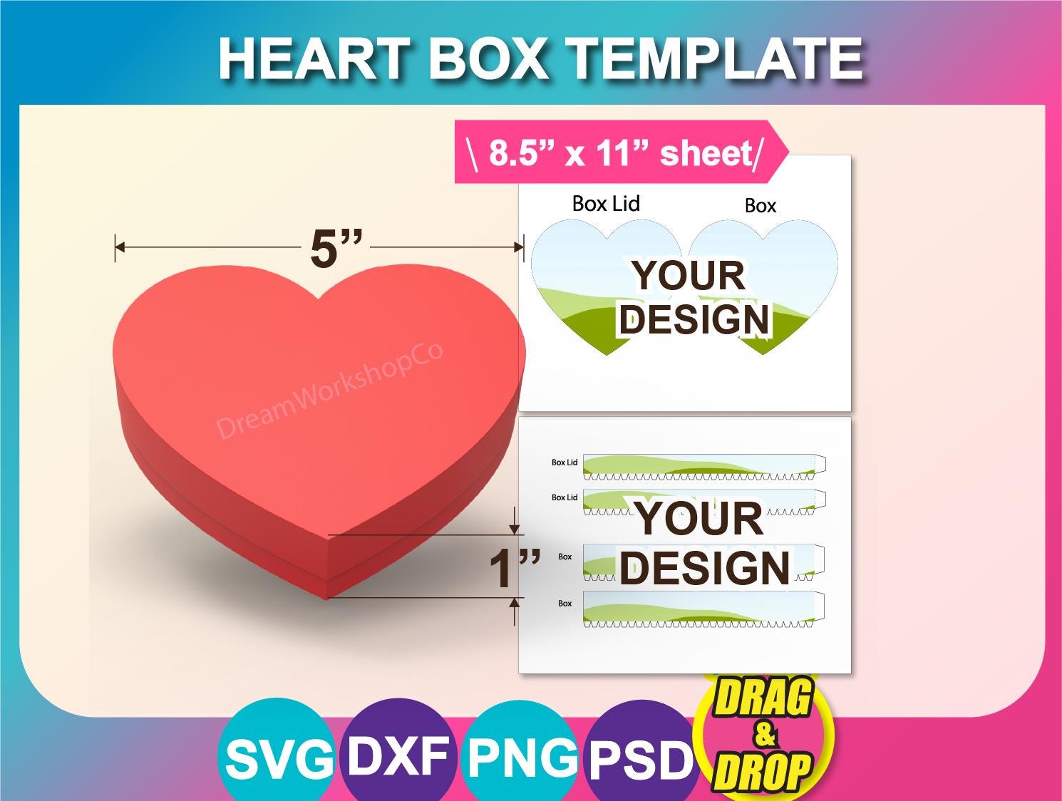 Heart Box Template, Box With Lid Template, Wedding Favor Box, Gift Box ...