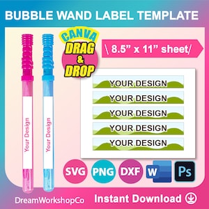 Bubble Wands Label template , Bubble Bottle Label template Canva, SVG, DXF, Ms Word Docx, Png, PSD, 8.5&quot;x11&quot; sheet, Printable