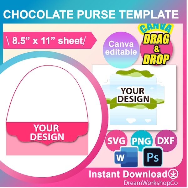 Chocolate Bar Purse Template, 1.55oz Chocolate Bar Purse Template Canva, SVG, DXF, Ms Word Docx, Png, PSD, 8.5"x11" sheet, Printable