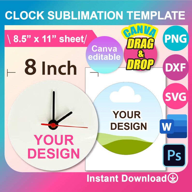 8inch Clock Sublimation Template, Canva, Ms Word, PSD, PNG, SVG, Dxf, 8 ...