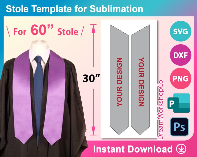 60' Stole Template, Graduation Stole Template, Stole Template SVG PSD, Canva, DXF, Publisher Png, Printable 