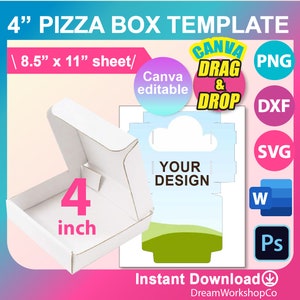 4inch Pizza Box Template,  4" Pizza Box SVG, Cookies Box SVG, DXF, Canva, Ms Word Docx, Png, Psd, 8.5"x11" sheet, Printable