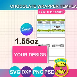 1.55oz Chocolate Bar Wrapper Template: Canva, SVG, Png, Psd, 8.5"x11" sheet (Digital Download)