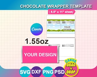 1.55oz Chocolate Bar Wrapper Template: Canva, SVG, Png, Psd, 8.5"x11" sheet (Digital Download)
