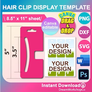 Modelo de cartão de exibição de grampo de garra de cabelo, modelo de suporte de grampo de garra de cabelo, Canva, SVG, DXF, Ms Word Docx, Png, Psd, folha de sublimação 8,5" x 11"
