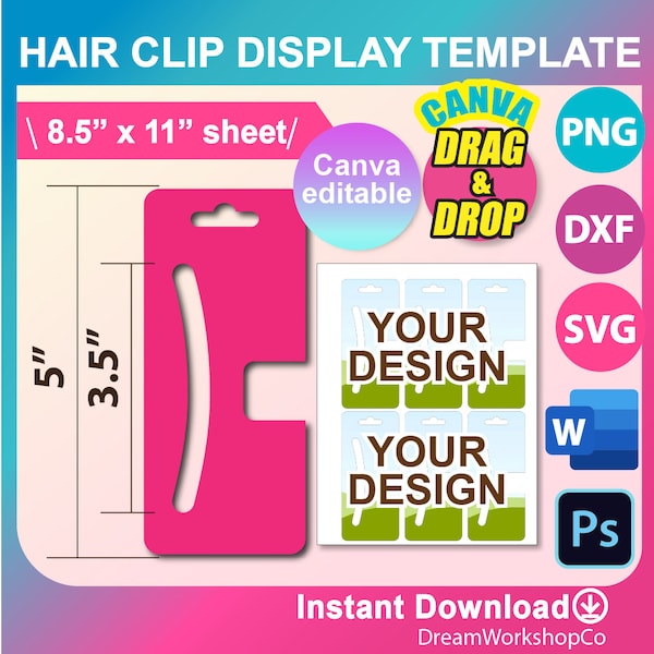Hair Claw Clip Display Card Template,  Hair Claw Clip Holder Template, Canva, SVG, DXF, Ms Word Docx, Png, Psd, Sublimation 8.5"x11" sheet