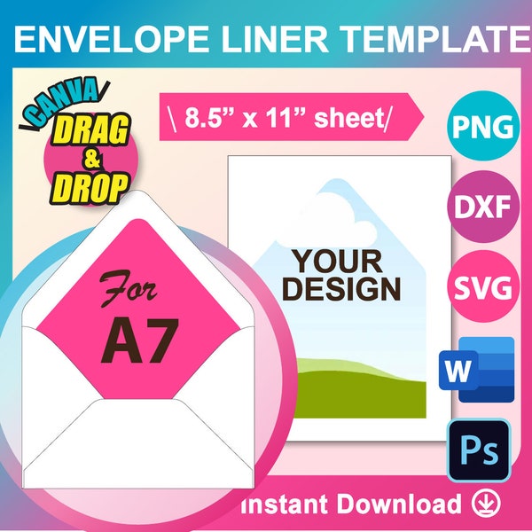 5x7 Envelop Liner-sjabloon, A7 Envelop Liner-sjabloon, Ms Word, Canva, PSD, PNG, SVG, Dxf, 8,5x11 vel, Afdrukbaar, Instant Download