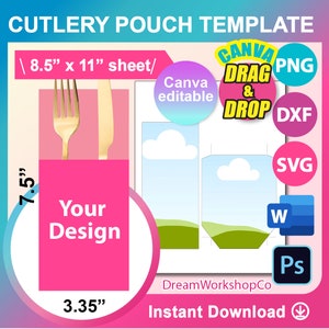 Cutlery pouch Template, Cutlery Set template, Cutlery Paper Holder Template, SVG, Canva, DXF, Ms Word DOCX, Png, Psd, 8.5"x11" sheet