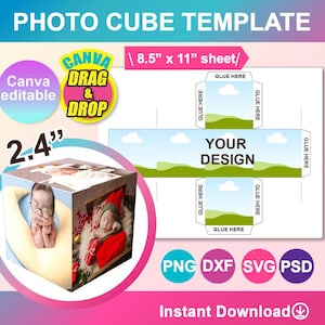Modèle de cube photo, cadeau de Saint-Valentin, cadeau de mariage, cadeau de baby shower, SVG, toile, DXF, Png, Psd, feuille 8,5 x 11 po, imprimable