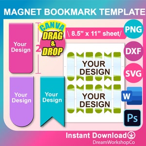 Magnetic Bookmark Template, Bookmark Template SVG, Canva, DXF, Ms Word Docx, Png, PSD, 8.5&quot;x11&quot; sheet, Printable