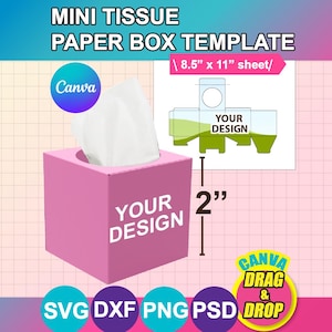 May include: A pink mini tissue paper box template with the text "YOUR DESIGN". The box is 5.08 cm tall. The image includes the text "MINI TISSUE PAPER BOX TEMPLATE" and "8.5" x 11" sheet/". The image also includes the Canva logo and the words "CANVA DRAG & DROP".