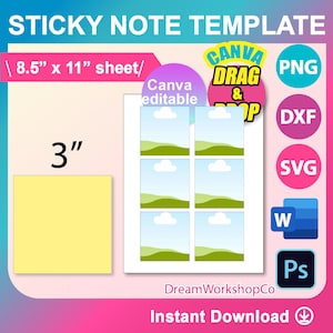 Modello di nota adesiva, SVG, DXF, Canva, Ms Word Docx, Png, Psd, foglio 8,5"x11", stampabile