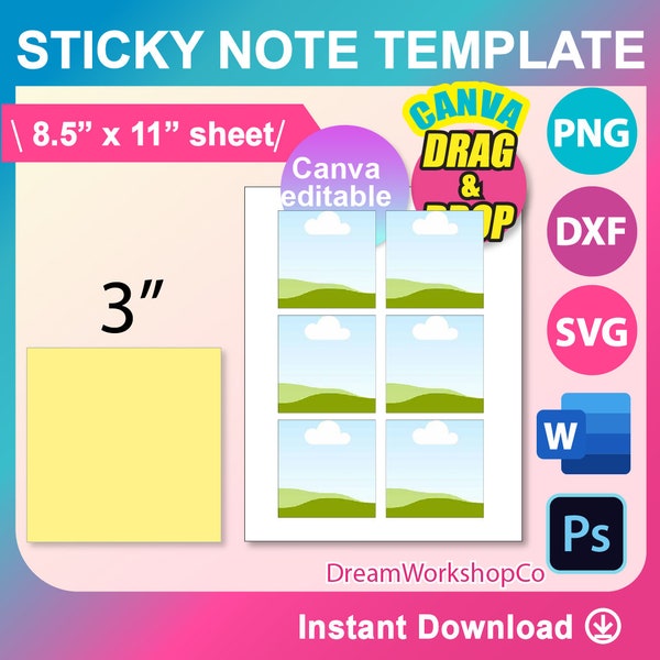 Sticky Note Template, SVG, DXF, Canva, Ms Word Docx, Png, Psd, 8.5"x11" sheet, Printable