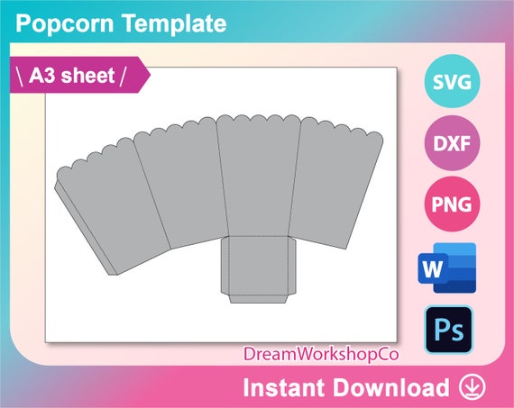Pop Corn Box Template Snack Box Template Svg Dxf Ms Word Etsy Ireland