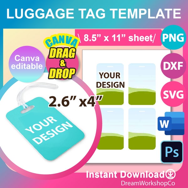 Luggage Tag Template, Template for sublimation, SVG, DXF, Canva, Ms Word Docx, Png, Psd, 8.5"x11" sheet, Printable