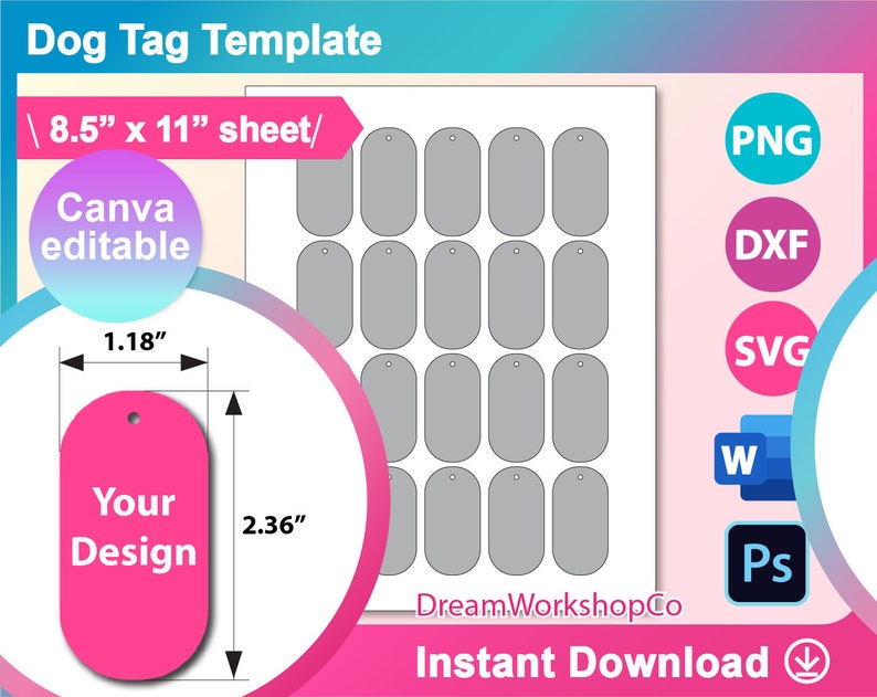 Dog Tag Template, Canva, SVG, DXF, Psd, Png, Digital Download, 8.5