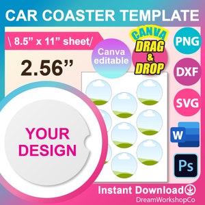 Car Cup Coaster Template,  Car Coaster template SVG, DXF, CANVA, Ms Word Docx, Png, Psd, Sublimation 8.5"x11" sheet, Printable