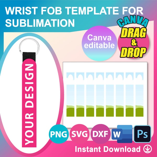 Wrist Fob Template, Sublimation Template,  neoprene wristlets Sublimation, SVG, DXF, Canva, Ms Word Docx, Png, Psd, 8.5"x11" sheet