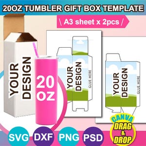 20oz Skinny Tumbler Box Template, Szablon pudełka na prezent, SVG, Canva, DXF, Ms Word Docx, Png, Psd, Arkusz formatu A3, Do druku