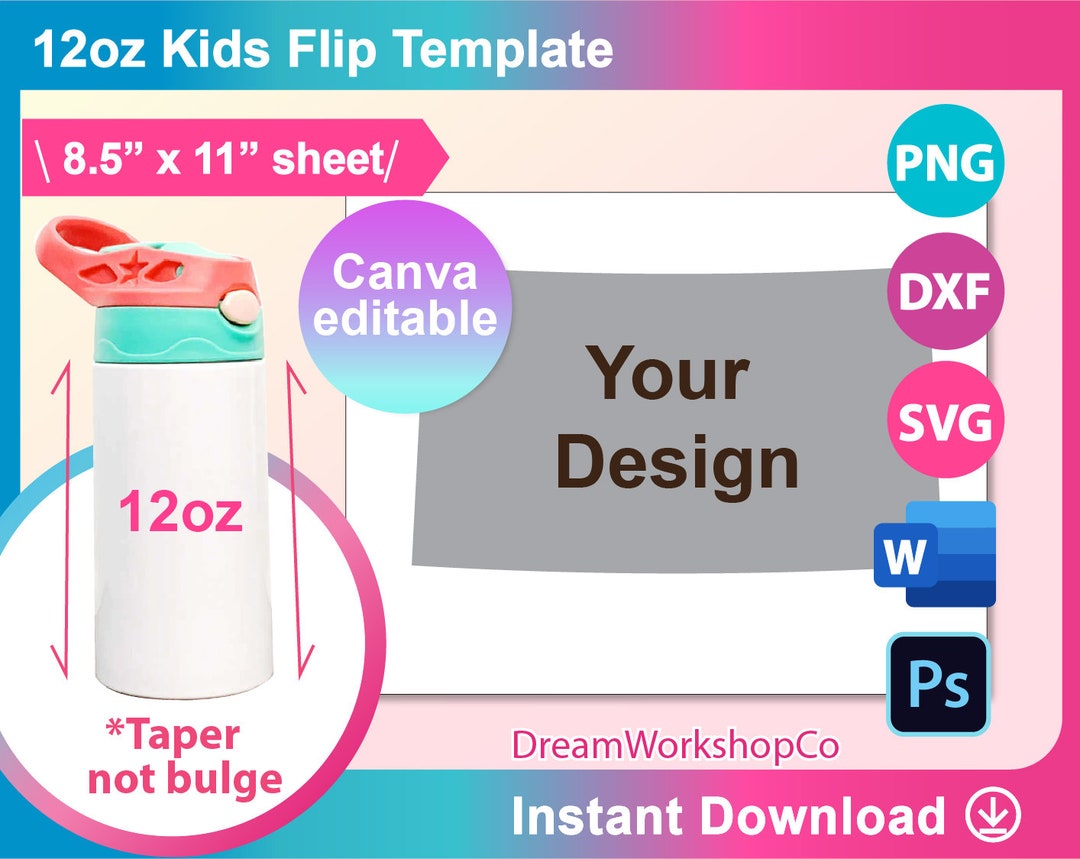 12oz Flip Top Kids Water Bottle Template Flip Top Tumbler - Etsy