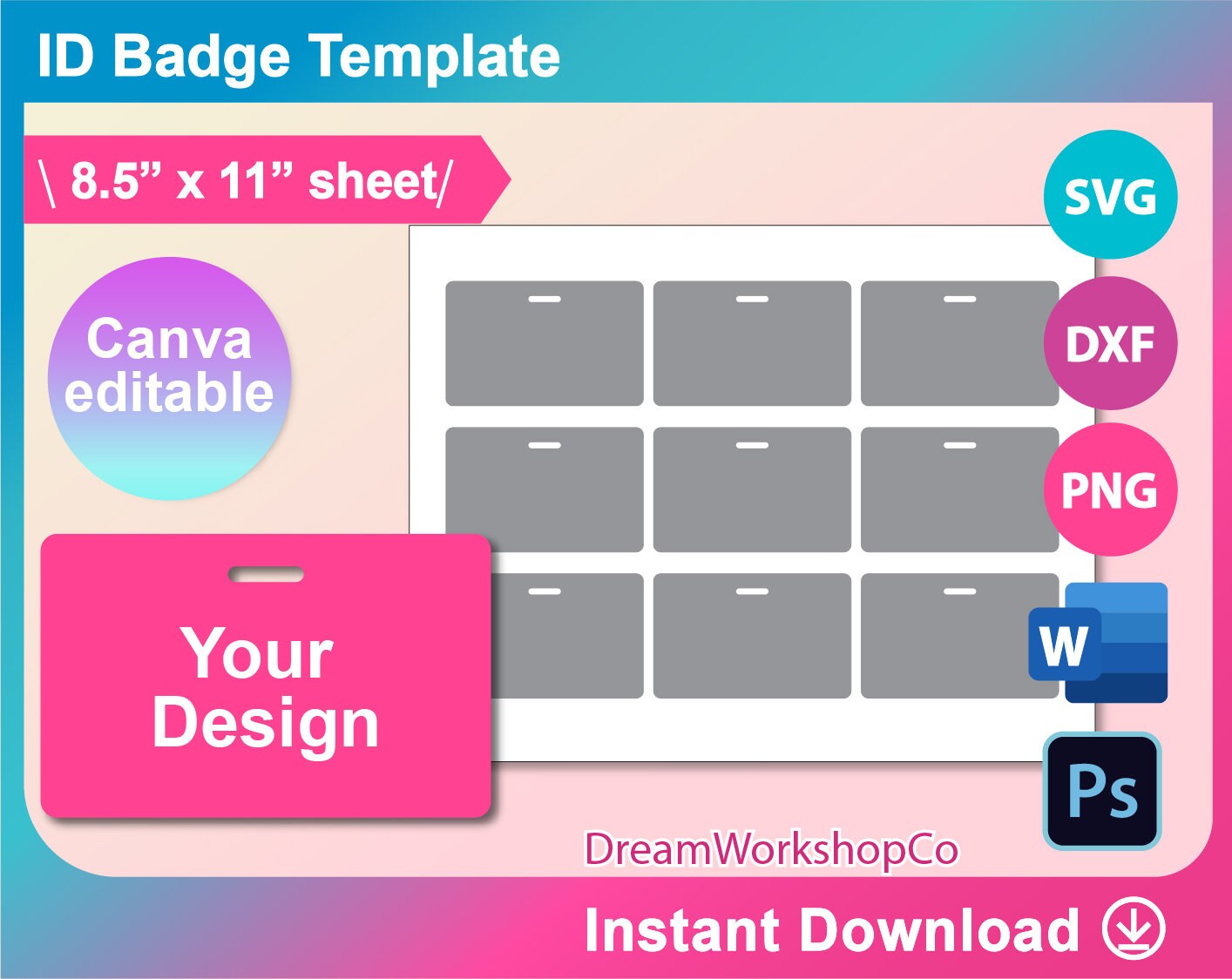 ID Badge Template, Id Badge Blank Template, SVG, Canva, DXF, Ms Word Docx,  Png, Psd, 8.5x11 Sheet, Printable 