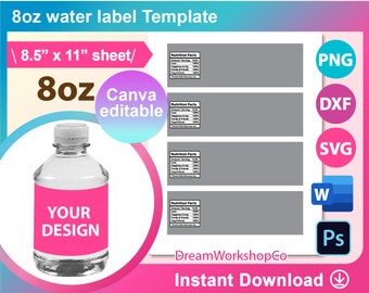 8oz Water bottle Labels template, Blank template SVG, water bottle label template Svg. Canva, DXF, Docx, Png, PSD, 8.5"x11" sheet, Printable