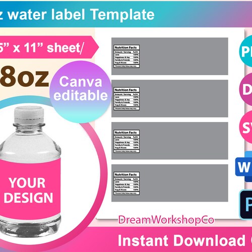 8oz Water bottle Labels template, Blank template SVG, water bottle label template Svg. Canva, DXF, Docx, Png, PSD, 8.5