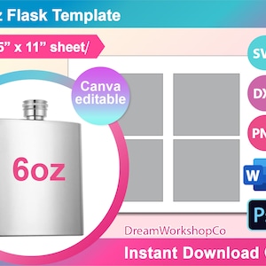 6oz Flask Template, Sublimation Template, Canva, SVG, DXF, Canva, Ms ...