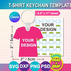 Puede incluir: Una plantilla de llavero de camiseta rosa con el texto "YOUR DESIGN". La plantilla mide 5 cm de ancho y alto. La imagen también incluye una hoja de diseños de camisetas y el logotipo de Canva.