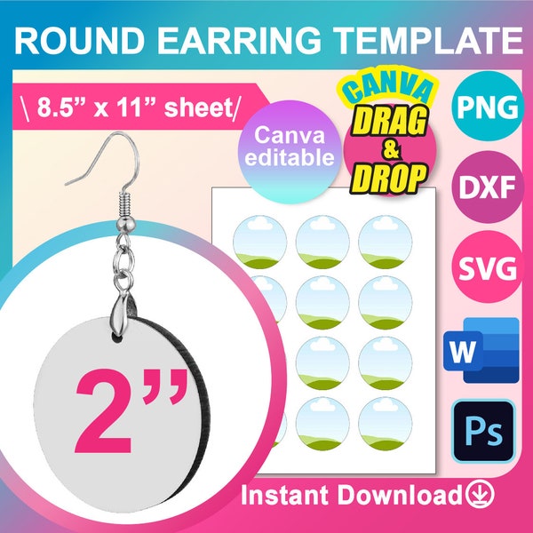 3cm, 1.2" Round Earring Sublimation Template, Sublimation Earring template, Canva, SVG, DXF, Ms word Docx, Png, Psd